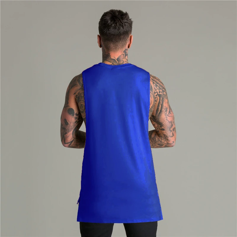 Summer Mens Casual Back Extend Long Fitness Vests Gym Bodybuilding Workout Tank Tops Loose Breathable Sleeveless Cotton Shirts