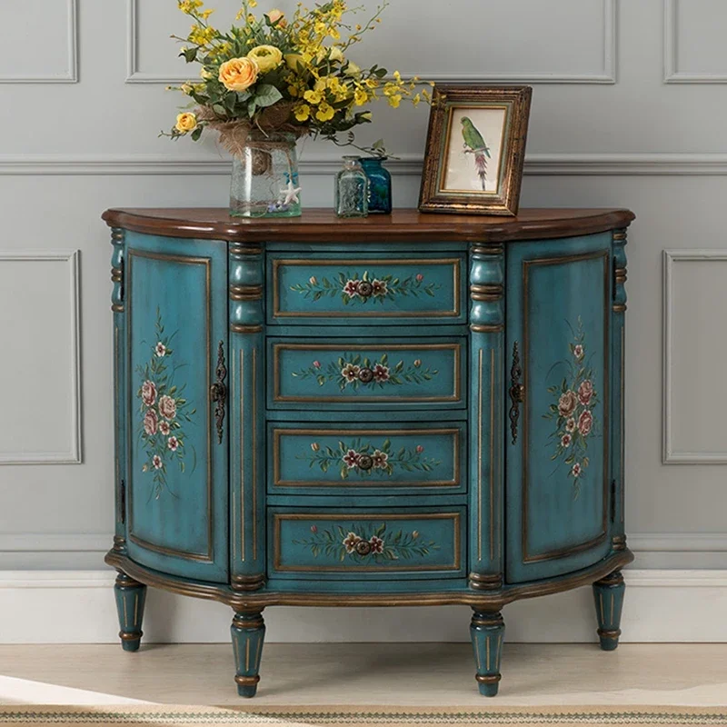 European and American semi-round entrance cabinet Chinese solid wood bucket dining side cabinet aisle retro painted corridor