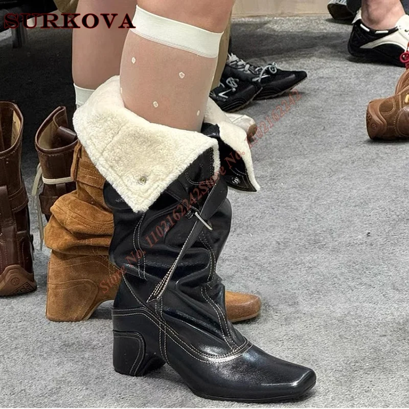 Cowhide Wrinkled Western Boots Square Toe Thick Heels Plus Velvet Warm Fur Boots 2024 New Large Barrel Circumference Knight Boot