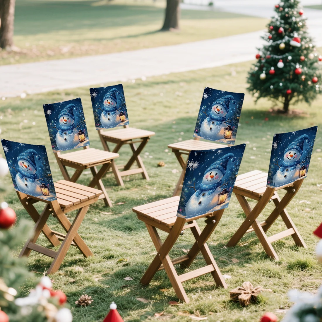 Snowy Night Lamp Snowman Chair Cover Slipcovers Set of 2/4/6 100% Polyester Dining Room Office Banquet Chair Protective Cover