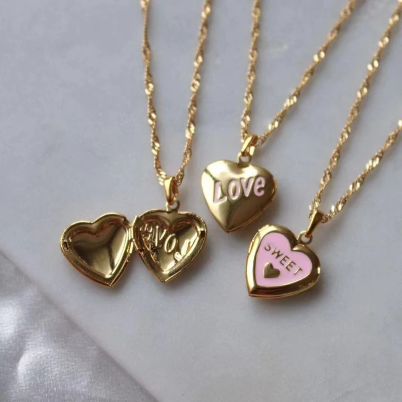 Pink love heart locket pendant necklace for women stainless steel photo box necklace for teenage girls cute simple  waterproof