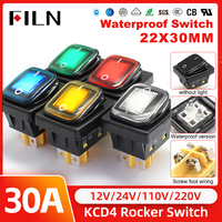 FILN 30A 250VAC 12V 24V Rocker Switch on Off DPST Rocker Switch IP67 Switch on Off on With LED Lamp Illuminated Waterproof KCD4