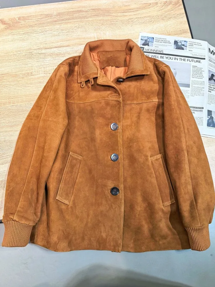 แจ็คเก็ตหนังแกะแท้สีพื้นสไตล์ลำลองสำหรับผู้หญิง ปกเสื้อแบบปกเชิ้ต ทรงหลวม มีกระเป๋า ติดกระดุมแถวเดียว แขนยาว เสื้อคลุม