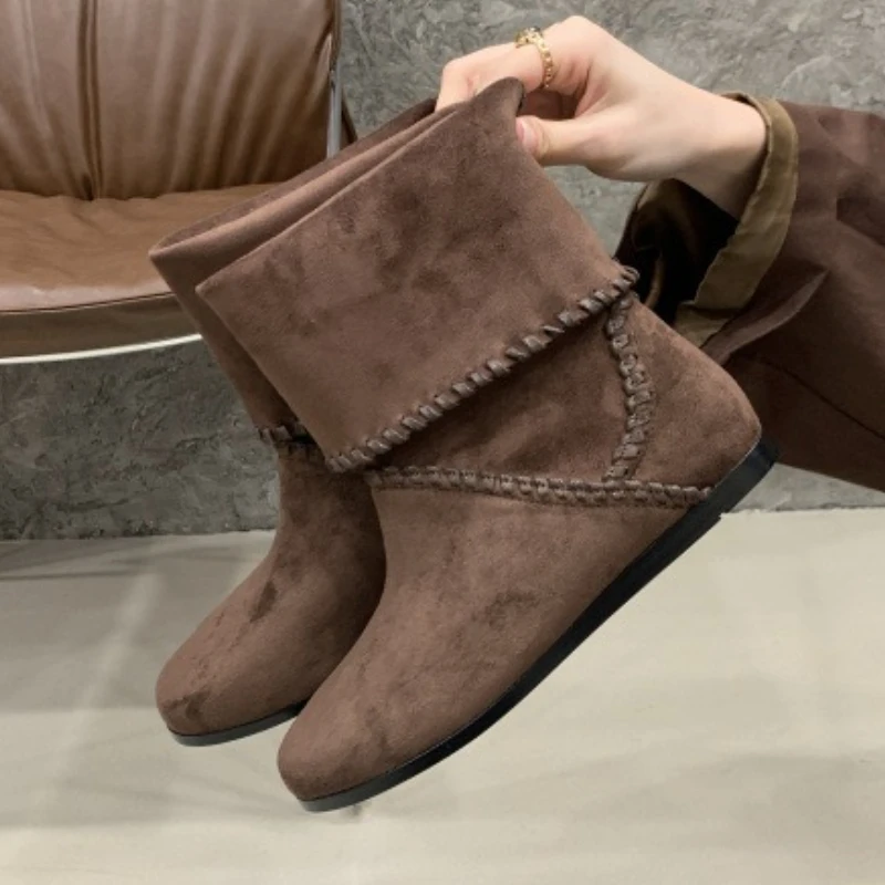 

Autumnal Retro Woven Design Ankle Boots for Women High Quality Faux Suede Boots Comfortable Round Toe Flat Boot Zapatos De Mujer