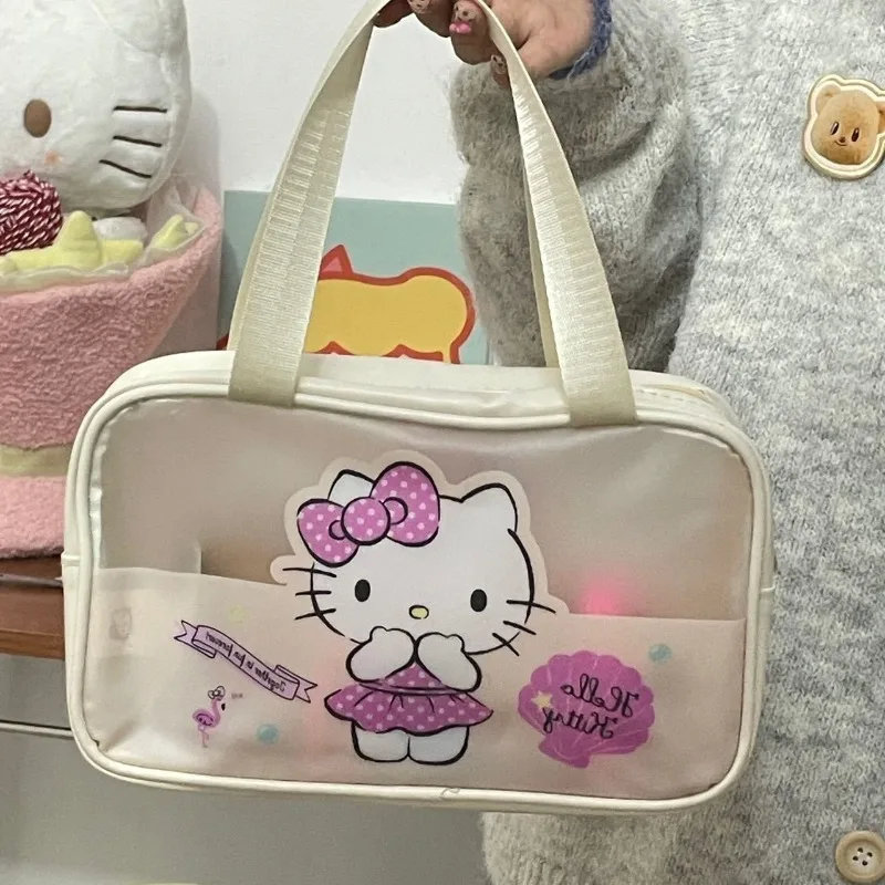 Cute Sanrio Hello Kitty translucent portable cosmetic bag pencil bag travel portable girly heart large capacity storage bag gift