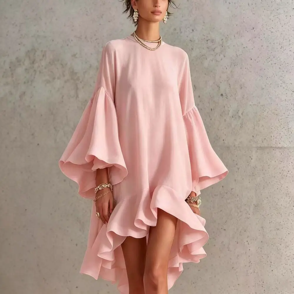 Elegant Loose Chiffon Dress Women O Neck Bell Sleeve Ruffle Asymmetric Hem Casual Daily Party Wedding Summer Apparel