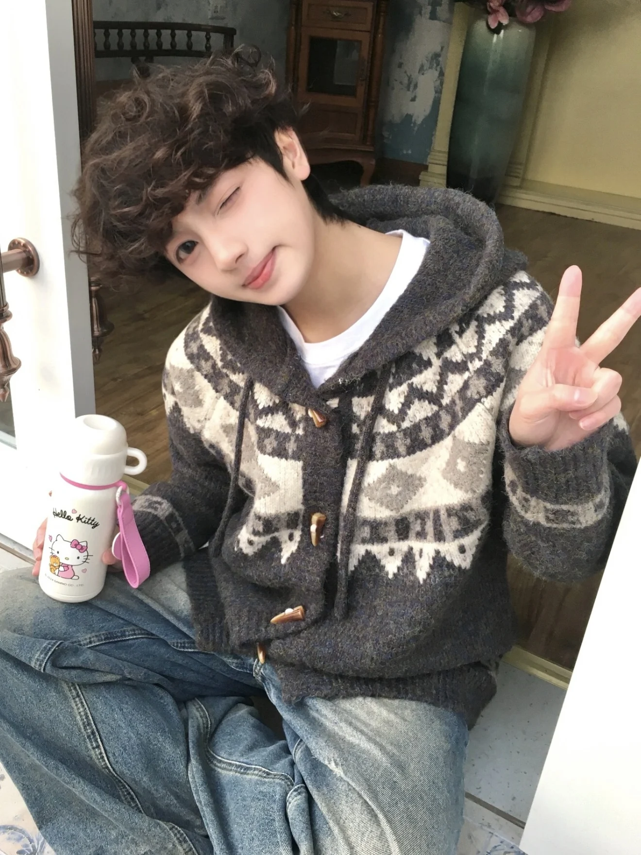 

ex Knitted Hat Cardigan Winter Casual Loose Fit Sweater Couple's Lazy Sle Polyester Fiber Long Sve Geometric Pattern