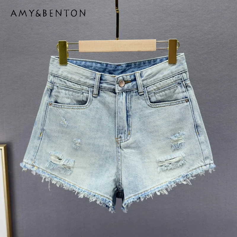 European American Style Design Blue Hollow Out Burr Women's Jeans Summer New High-waisted Slimming Thin Versatile Shorts Ladies