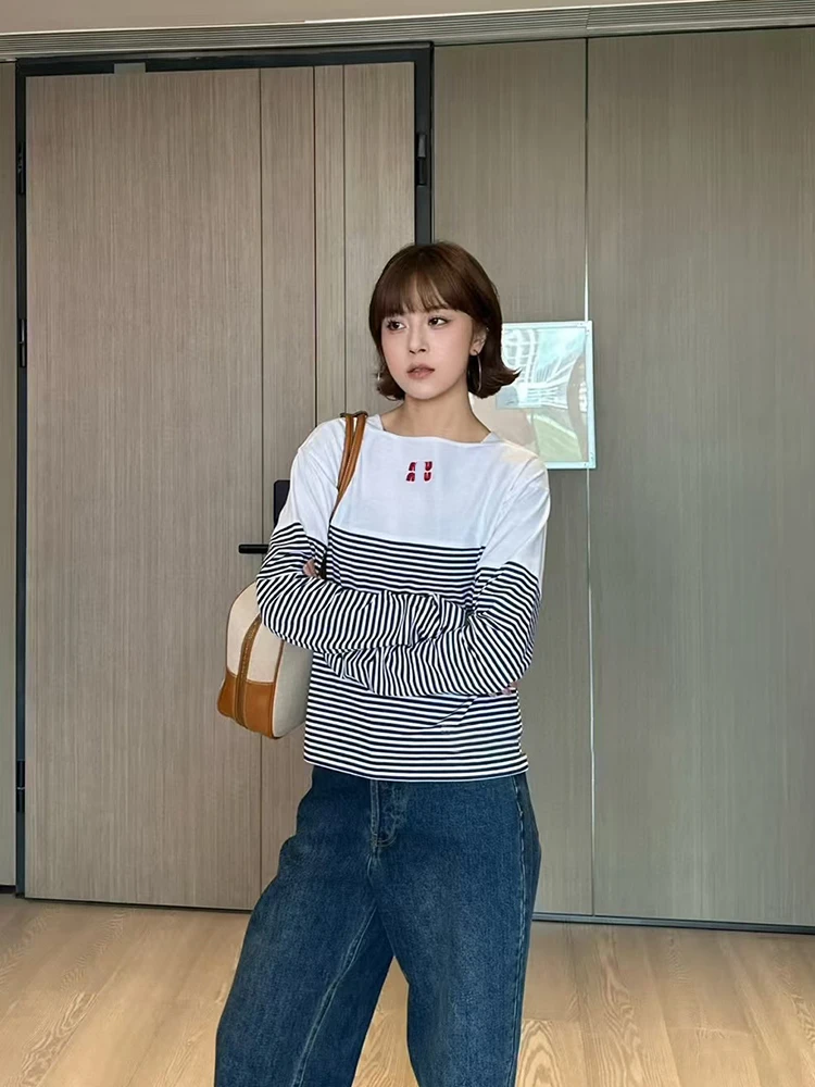 

Casual Loose Long Sve T-irt Women's Miu Sle Letter Stripe Splicing Top Breathable Moisture ng Summer Cotton Blend