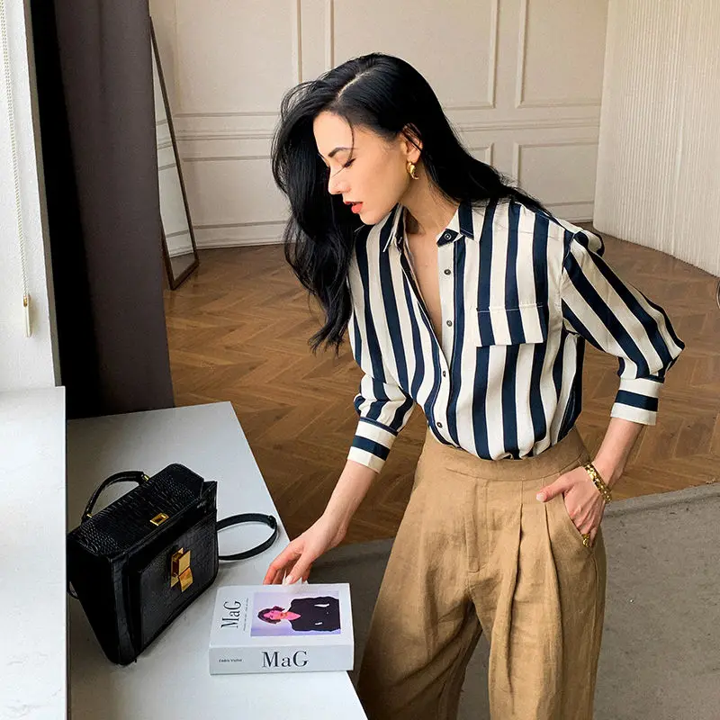 

Women Clothes Spring Autumn Fashion Casual Button Color Blocking Polo Collar Women Shirts All-match Appear Thin Long Sleeve Tops