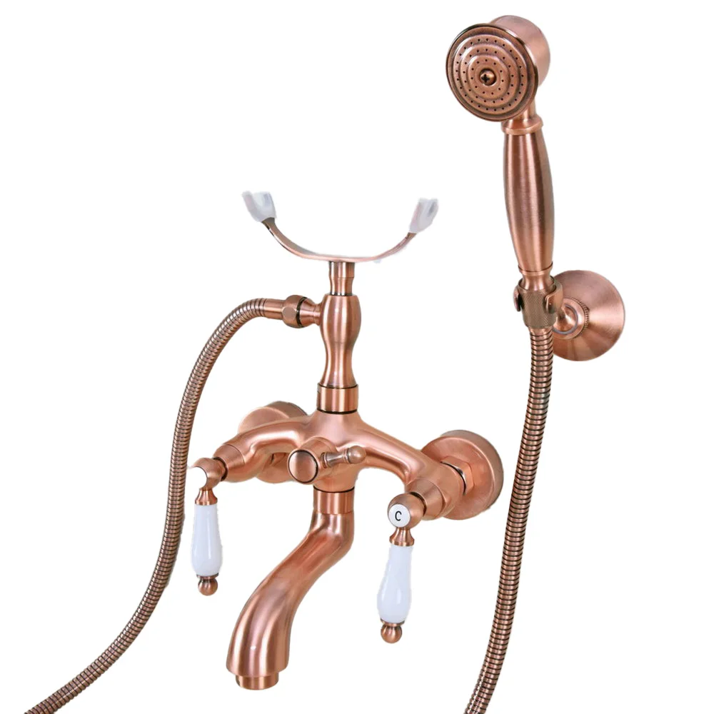 

Bathtub Faucets Antique Red Copper Bathroom Faucet Mixer Tap Wall Mounted Hand Held Shower Head Kit Shower Faucet Set tna364