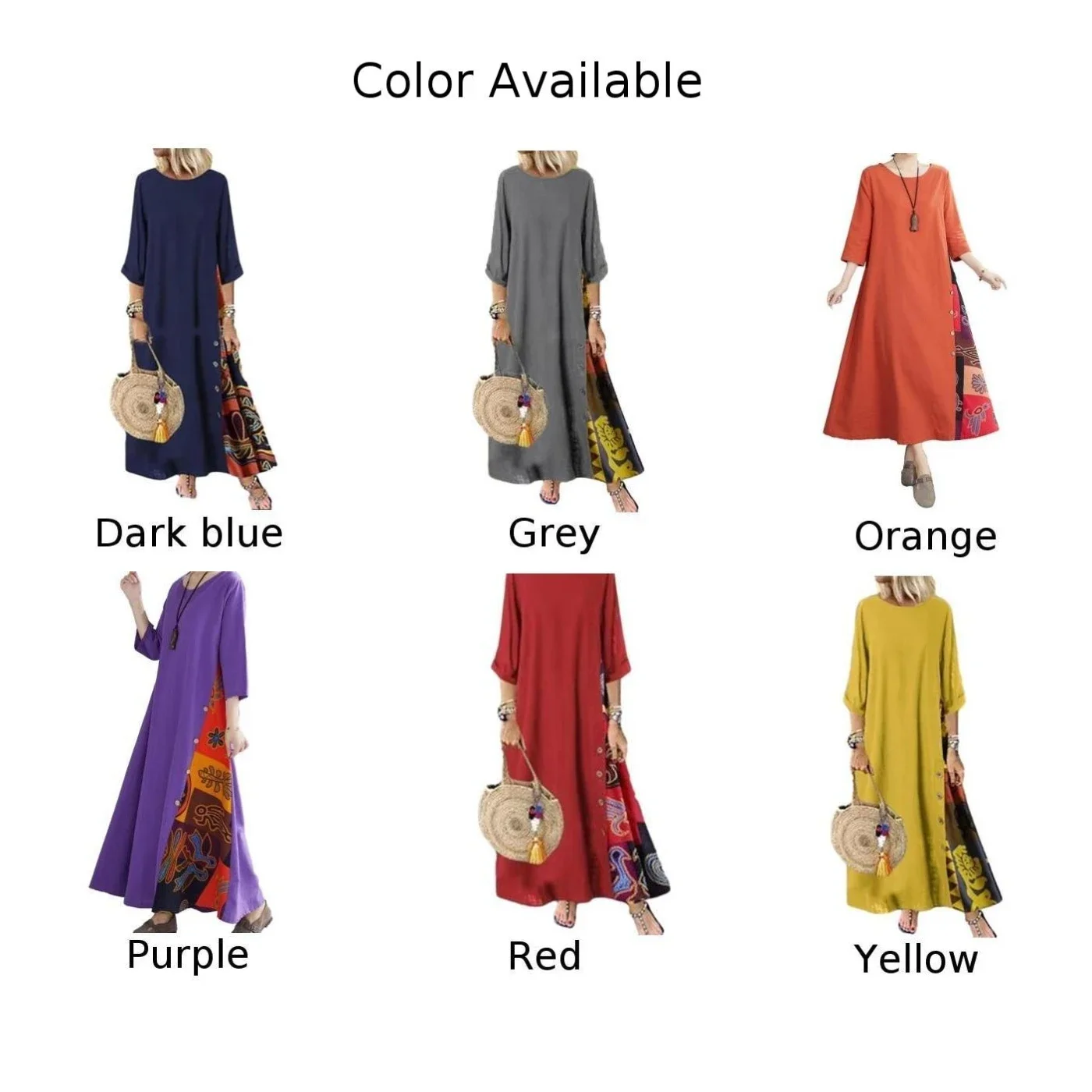 Gaun Maxi kebesaran wanita, atasan jubah longgar kasual lengan 3/4 bercetak gaun Vintage