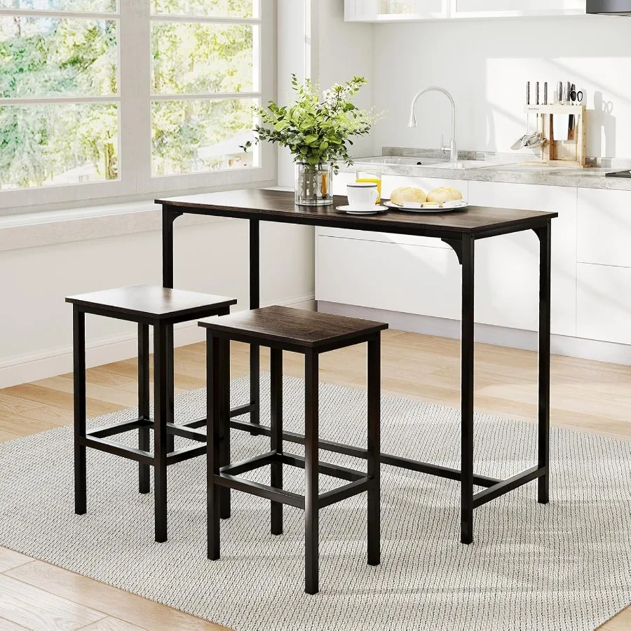 3-Piece Dining Table Set 47.5 Industrial Counter-Height Kitchen Table and 2 Bar Stools High Top Rectangular Pub Table and Chair