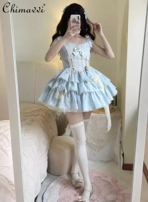 Blue Lolita Three-stage Short Lolita Jsk Dress Spring and Summer New Sweet Bow Cute Girl High Waist Birthday Party Lo Dresses