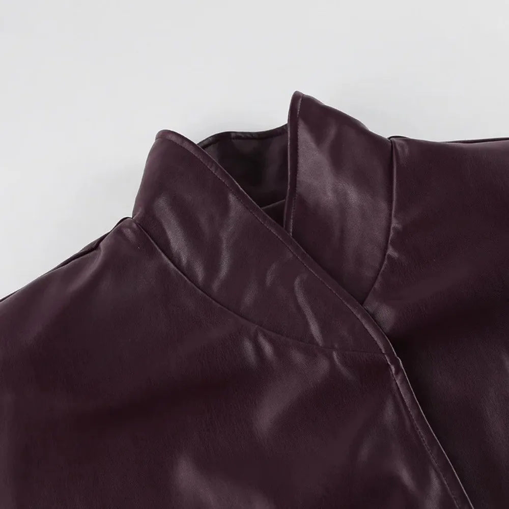 Vintage Leather Jacket Garment Stand Collar Mid Length Cut Moto Outer Coat Cool Street Style Tie Waist Frame Waist Tie Outfit
