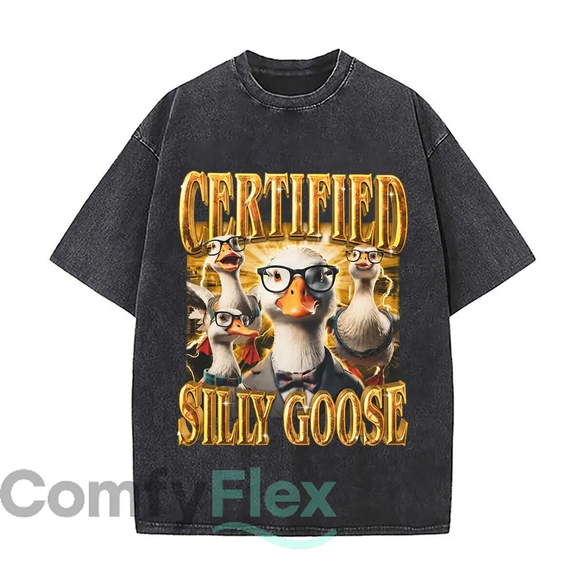 Certified Silly Goose Gold Lettering Funny Geese Meme Distressed Faded Baggy Streetwear Tops for Park Hangouts