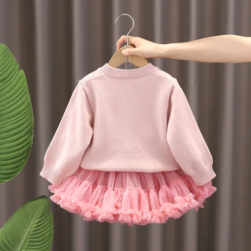 1-5Y Girl Autumn Winter New 2PCS Clothes Set 3D Cherry Knitwear Sweater Cardigans Suits Solid Tulle Tutu Skirts Baby Girl Outfit