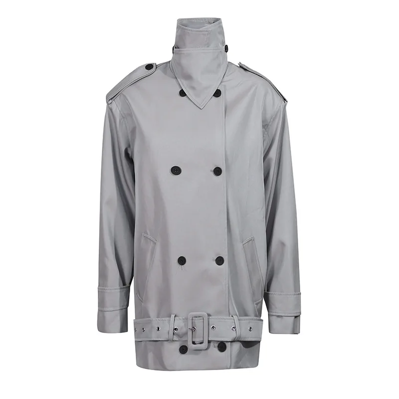 معطف واق من المطر بلون سادة على الطراز القديم للنساء جديد للخريف والشتاء، ياقة واقفة مزدوجة الصدر، خصر منخفض #3