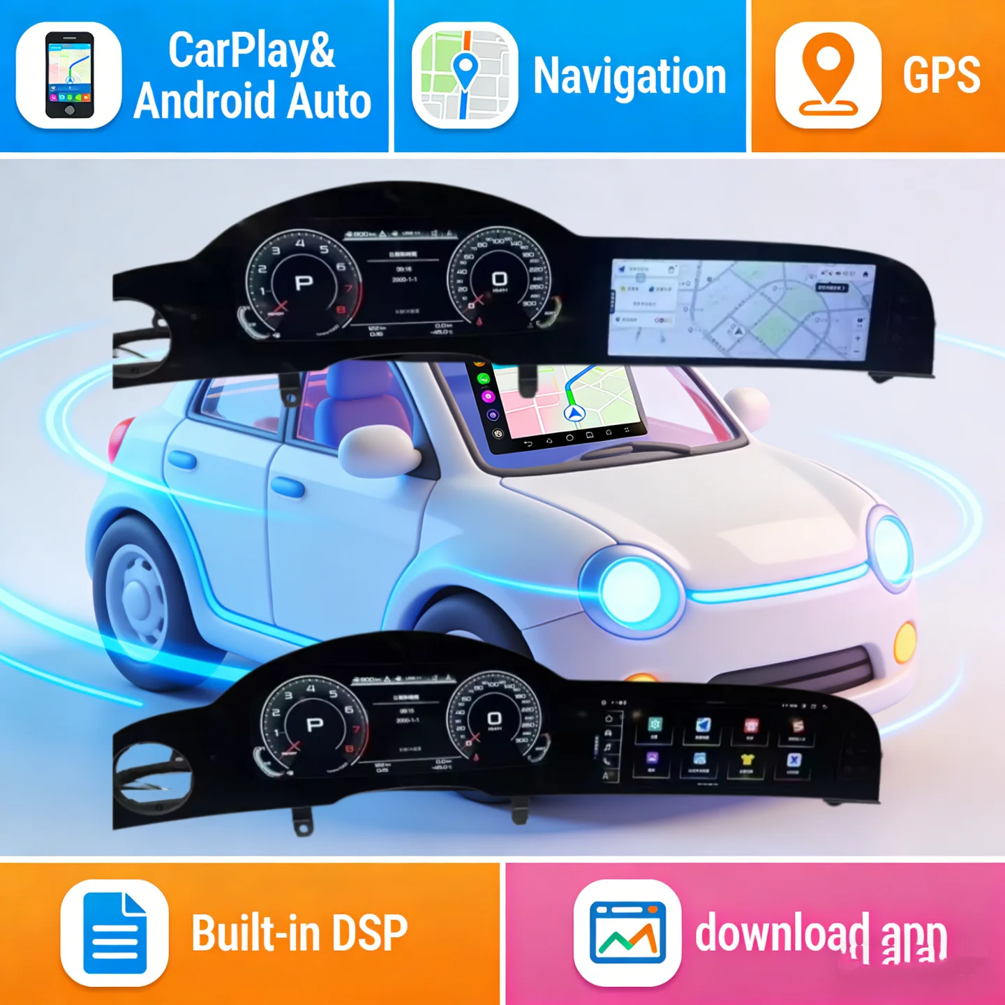 Auto-Armaturenbrett LCD Digitalinstrument Dual-Screen Autoradio CarPlay Android Auto-Multimedia-Player für Audi A6 A6L C6 4F 2005-2012