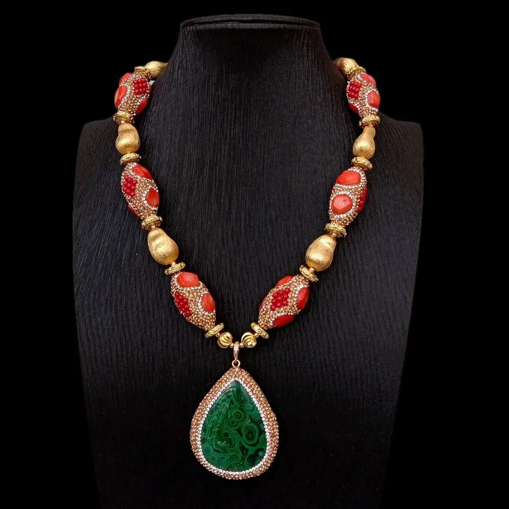 

Y.YING Red Coral Crystal Pave Brushed Bead Necklace Real Green Malachite Pendant 20"