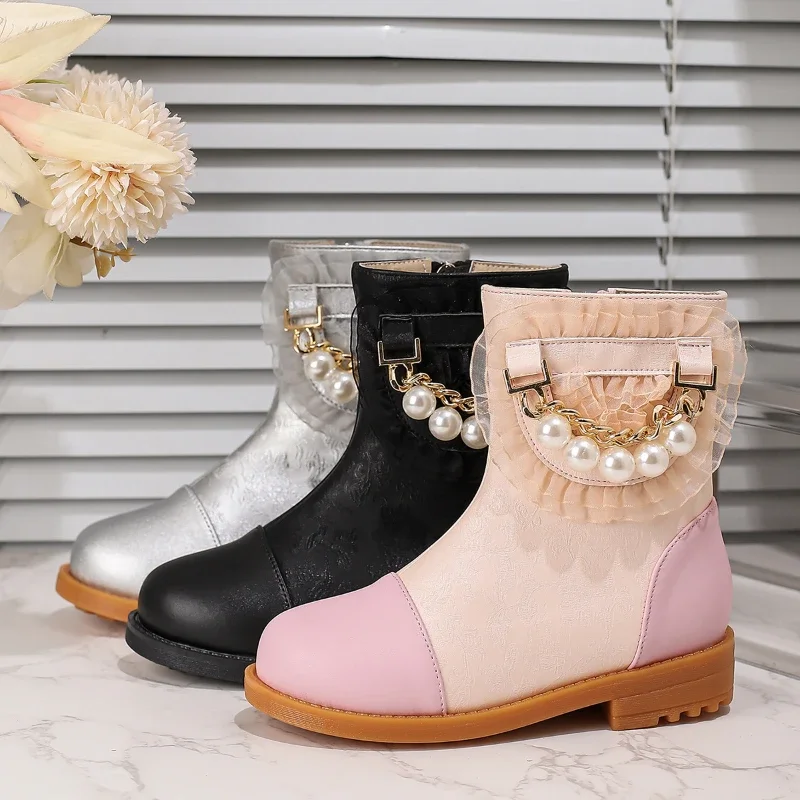 Girl's Ankle Boot New Children Princess Catwalk Boots Elegant Versatile Metal Chain Kids Fashion Causal Leather Boots Sweet Lace