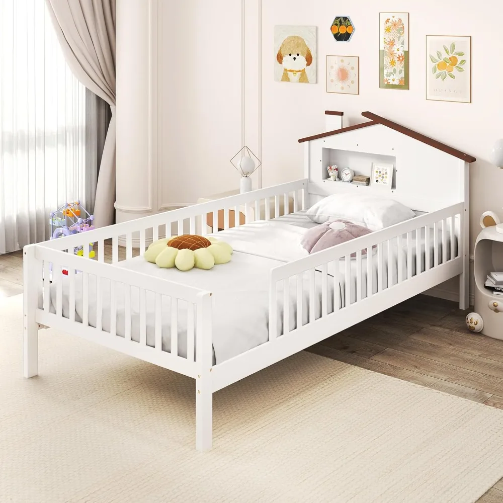 Giantex Twin Kids Bed Frame Solid Wood Montessori Bed With Guardrails House Shaped Headboard Built In Storage No Box Spring