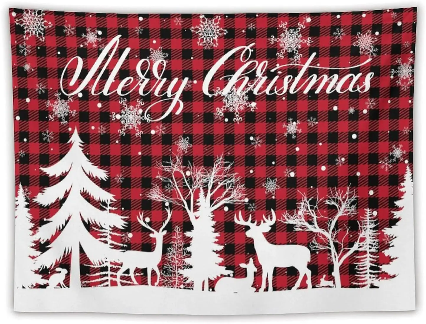 Christmas Tapestry Wall Hanging,Xmas Tree Red and Black Buffalo Plaid Tapestry Reindeer Soft Tapestry Wall Art Home Décor for