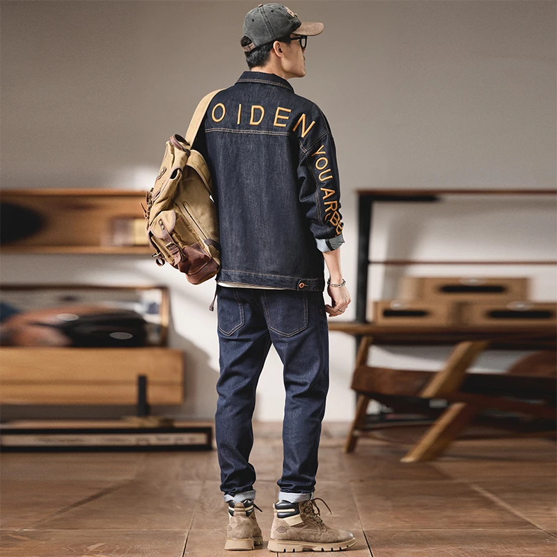 High quality European and American casual embroidered denim jacket men's loose jacket workwear set clothes for men