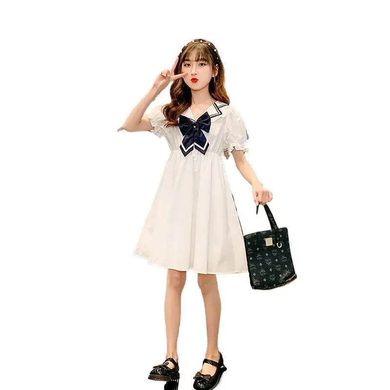 2026 Summer puff sleeve bow student kid baby party mesh princess Girls Mid Long Teenager dress sailor collar 4 8 10 12 14 Years