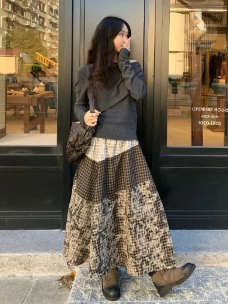 

2025 Faldas Mujer De Moda Patchwork For Women Skirt High Waist A-line Saia Loose Summer Jupe Vintage Print Plaid Long Skirts