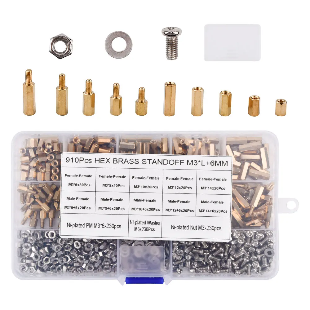 910PCS M3 Hex Standoff Brass Column Boards Rack Stud Copper Pillar PCB Spacer Hexagon Bolt Screw Motherboard Assortment Kit