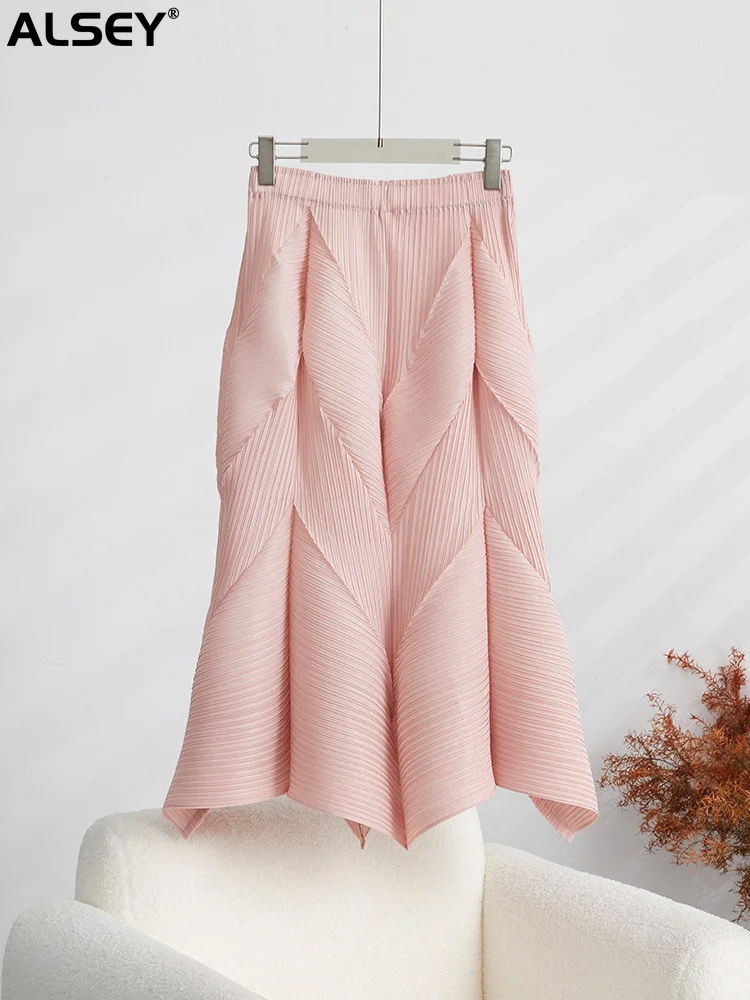 

ALSEY Miyake Pleated Elastic Waist A-line Skirts for Women Summer New Solid Color Female Hip Wrap Elegant Mid-calf Clothing