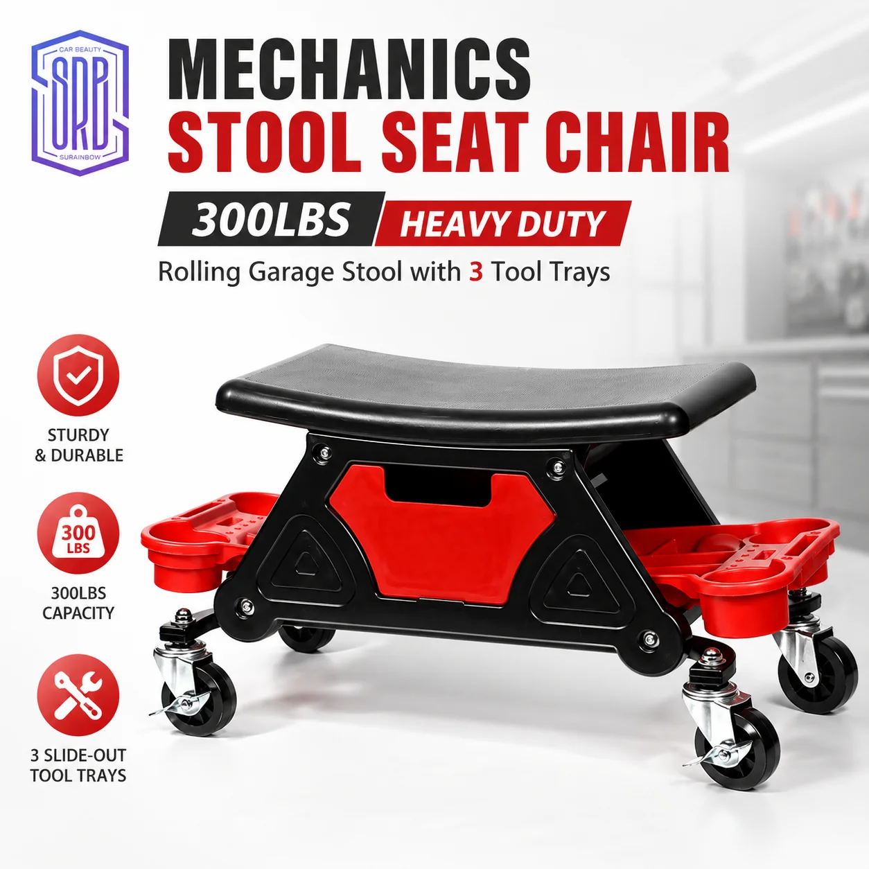 Garage Creeper Roller - เก้าอี้ช่างซ่อมรถยนต์แบบมีล้อเลื่อน รับน้ำหนักได้ 300 ปอนด์ พร้อมถาดใส่เครื่องมือแบบเลื่อนออกได้ 3