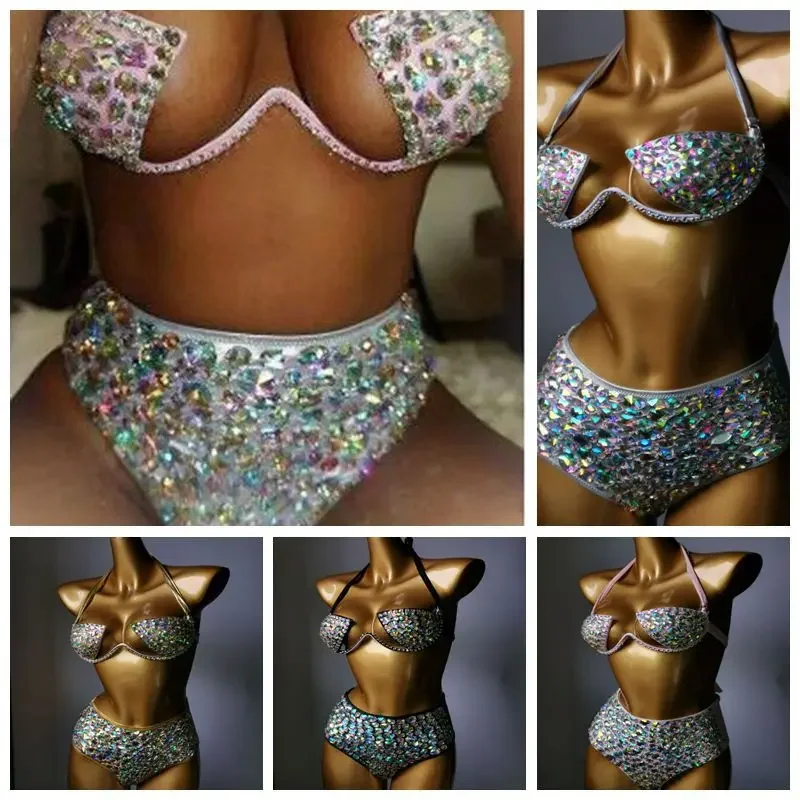2025 New Steel Holder Hard Cup Bikini, Diamond Swimsuit Two Piece Set Silver Shiny Tassel High Waist Bikini Nightclub Suit