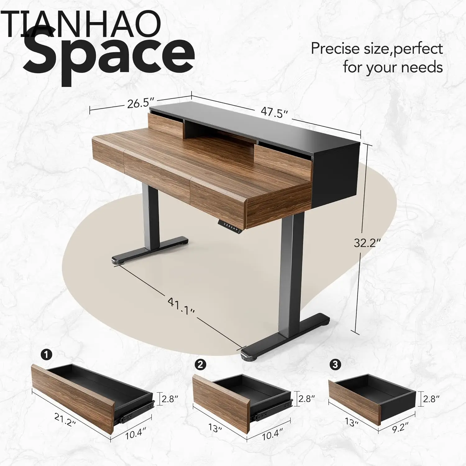 Electric Standing Desk with Drawers, 48 Inches Height Adjustable Stand Up Desk with Monitor Shelf, Whole-Piece Board Computer