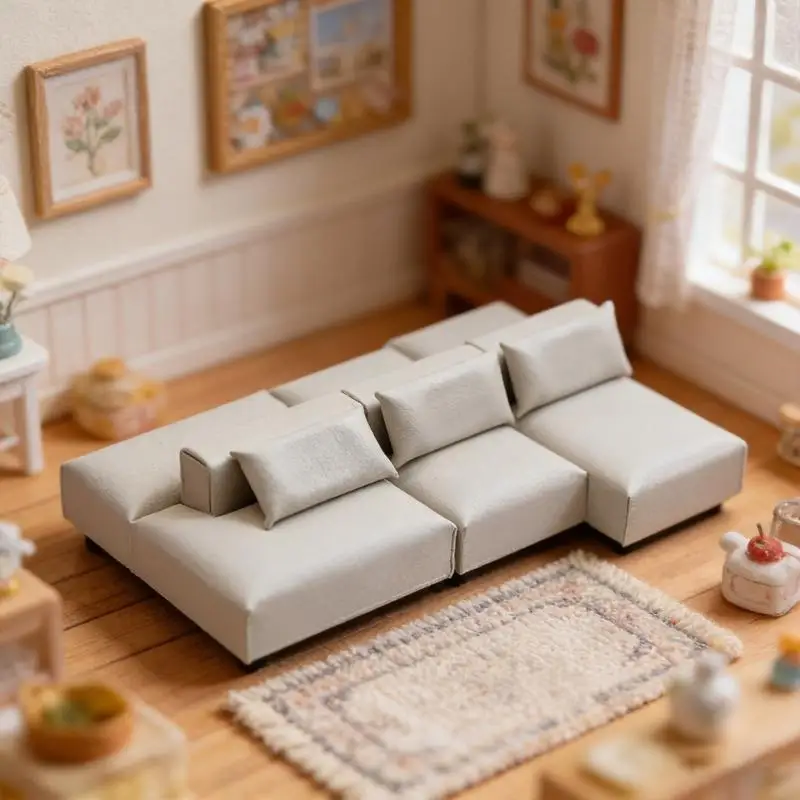1/12 Scale Dollhouse Living Room Miniature Modern Sofa Model Mini Simple Couch Set For Doll House Furniture