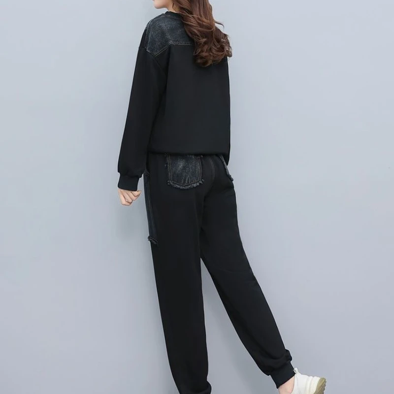 Korean style contrasting color print two-piece set women's round neck denim splicing zipper decoration top+casual pants set