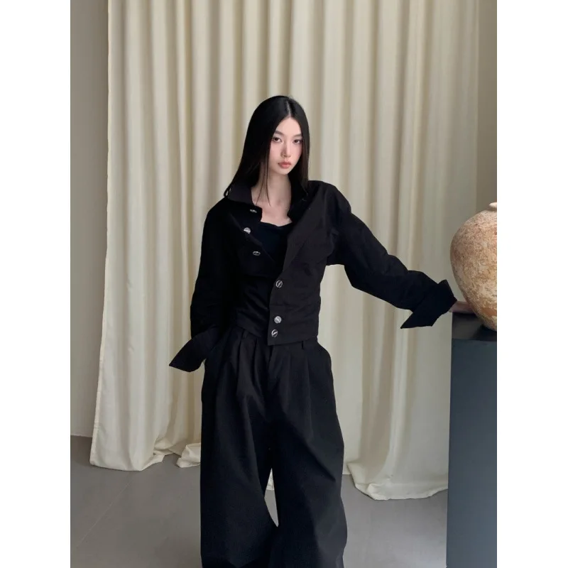 Dames Zwart Polokraag Cropped Shirt Tops Hoge taille Geplooide Rechte Wijde pijpen Broek Tweedelige set Herfst Koreaanse trend