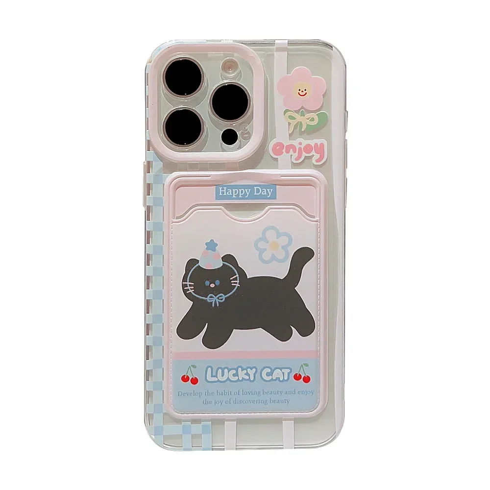 Cherry Party Black Cat Photo card holder Clear Phone Case For iPhone 16 15 14 13 12 11 Pro Max Xr 16Plus Case Cute Cartoon Cover image 6