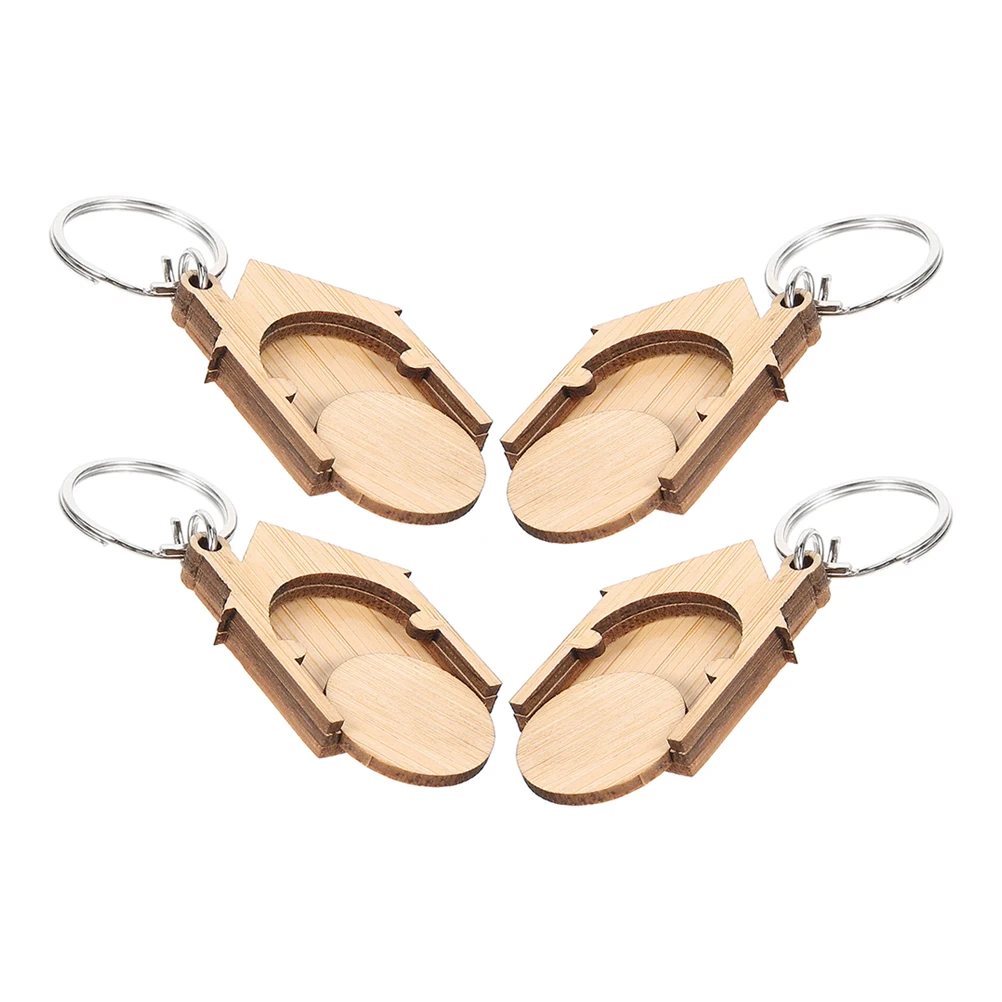 

4 Pcs Wooden Token Keychain Shopping Trolley Reusable Lightweight Key Ring Set Small House Shape Grocery Store Supply