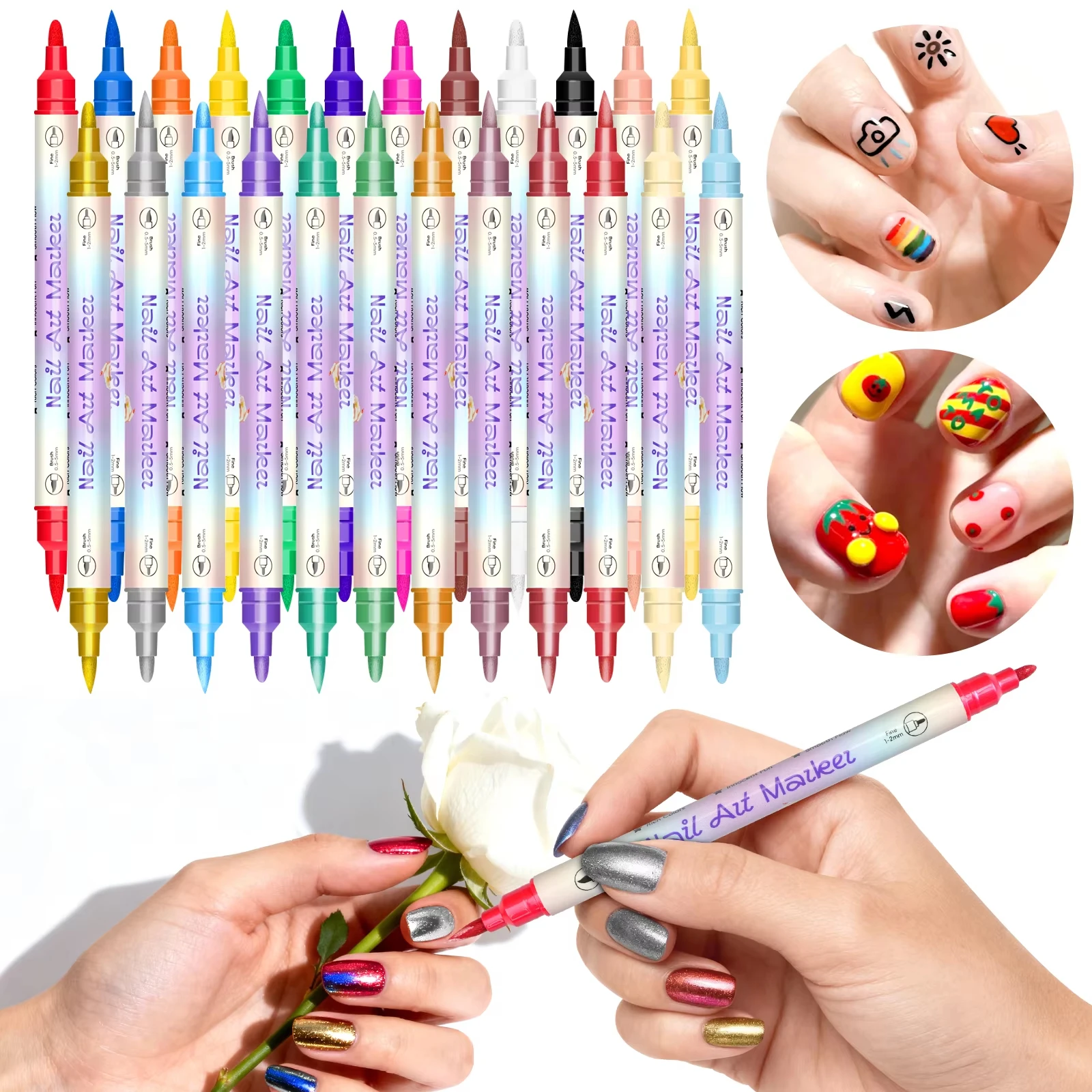 12/24 Colors 3D Nail Art Pens Set, Double-headed Nail Point Graffiti Dotting Pen Quick Dry Long-last Acrylic Paint Markers