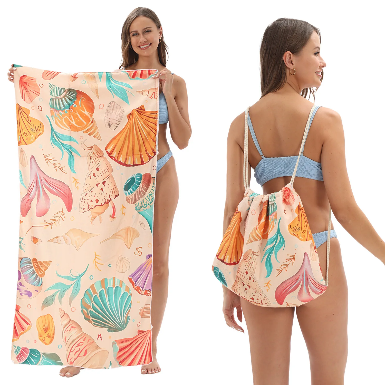 80X160cm Shell Print Beach Towel 2-in1 Beach Towel Carry Bag Foldable Bathrobe with Drawstring Bag for Beach Spa Quick-dry Towel
