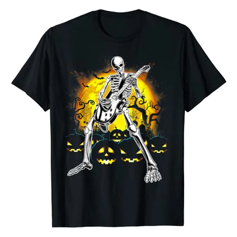 Happy Halloween Funny Skeleton Playing Guitar Pumpkin Vibes T-Shirt Gifts Fall Creepy Outfits Clothes Skull Printed Casual Tops