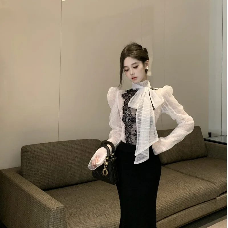 Spring Autumn 2026 Women\'s Double Layer Polka Dot Mesh See through Lace Shirt Bow Tie Design Sensation Quality Fashionable