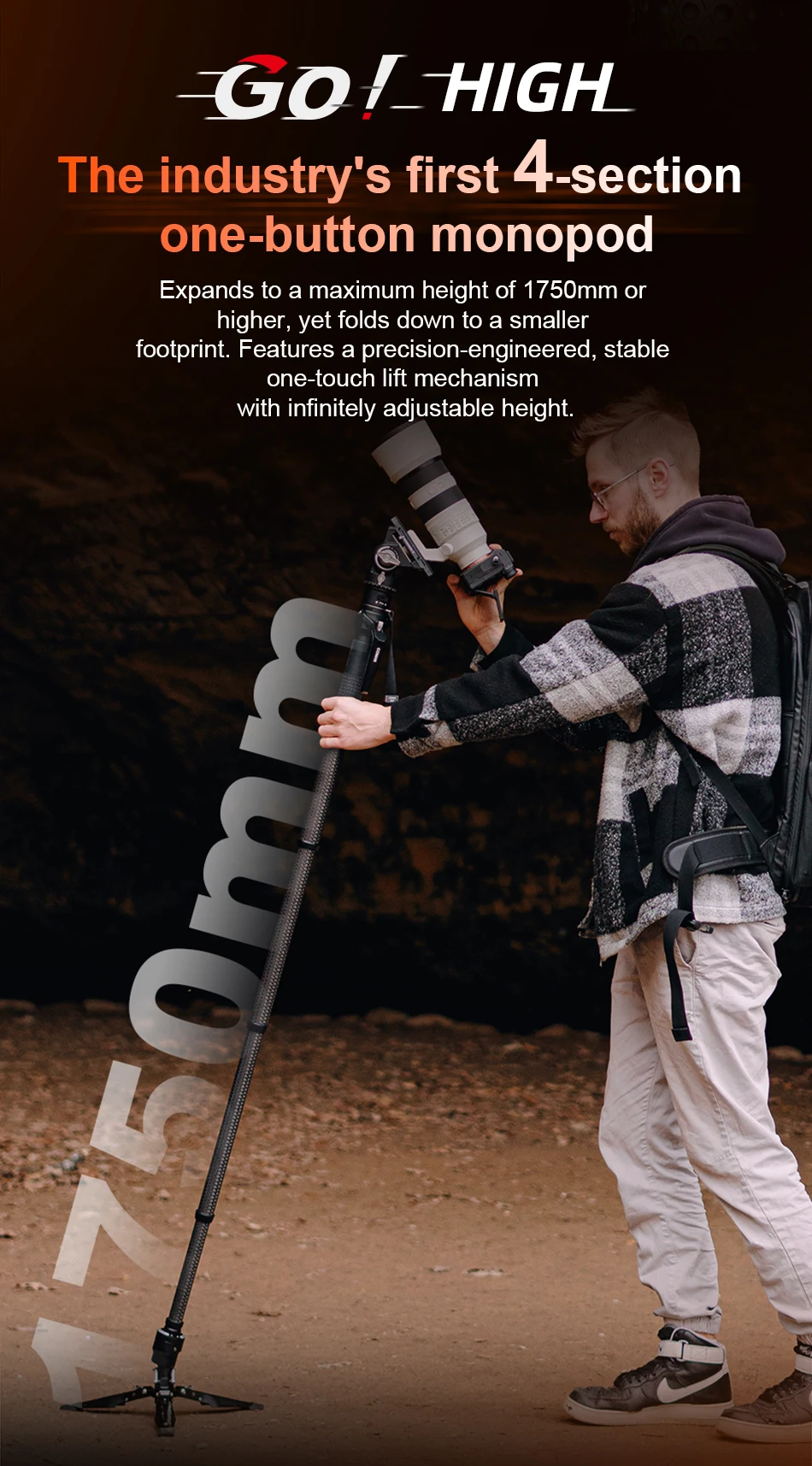 COMAN M1 Kohlefaser-Einbeinstativ mit Schnellwechselplatte für DSLR-Kameraständer, One-Click-Hebe-Reise, leichter Halter – Detail 5