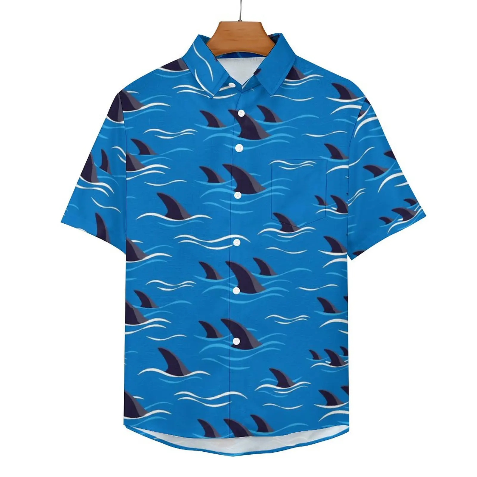 Shark Fin Print Blouses Male Waves Casual Shirts Hawaiian Short Sleeve Graphic Retro Oversized Vacation Shirt Birthday Present