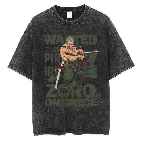 

Official One Piece Zoro Wanted Black Tee Men's 3 Sword Style Vintage Wash Cotton Licensed Anime Streetwear