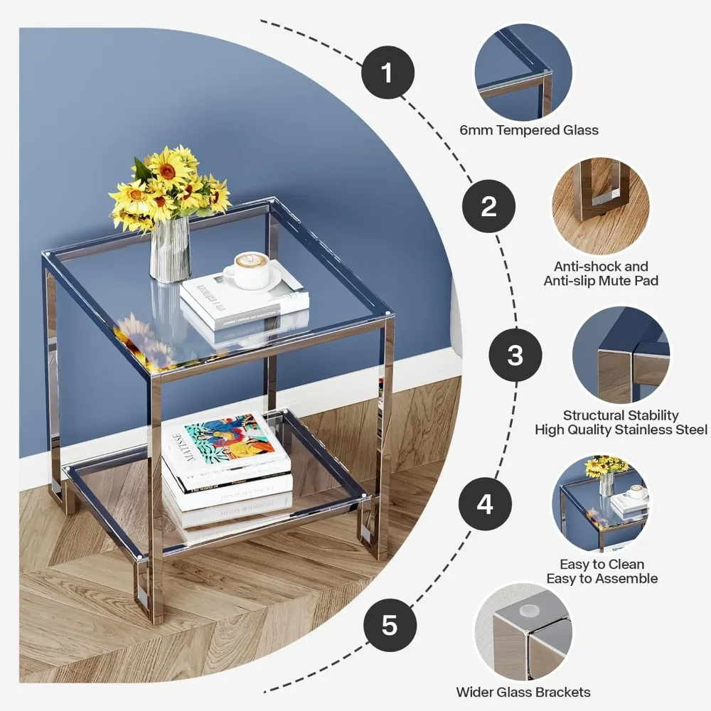 طاولة جانبية مربعة الشكل بطبقتين مع سطح من الزجاج المقسى وإطار فضي من الفولاذ المقاوم للصدأ وحامل ليلي حديث للمساحات الصغيرة #4