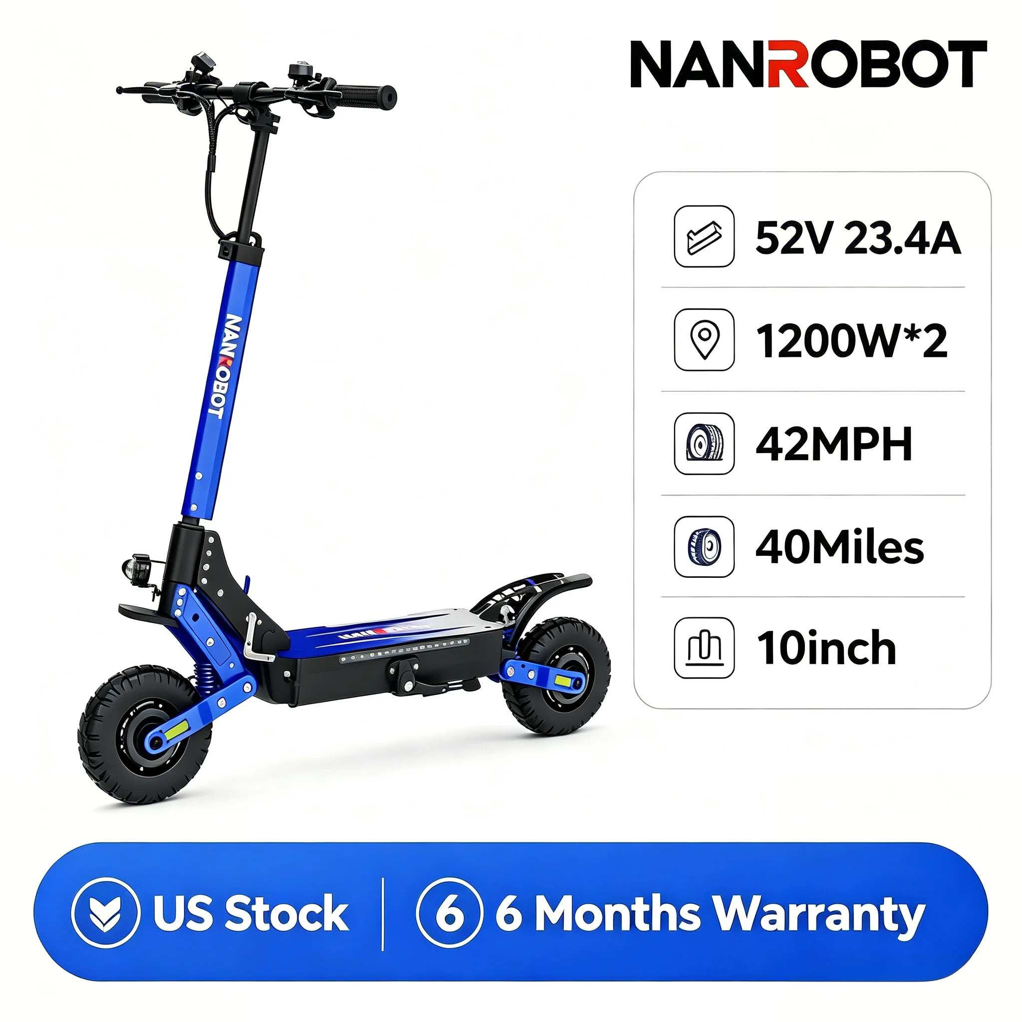 NANROBOT D4+MAX Adult Electric Scooter - High-Speed Off-Road Scooter with 42Mph Top Speed, 40Miles Long Battery Life, 265lbs Heavy-Duty Load Capacity. Foldable Scooter with Shock Absorption System and 10-Inch Tires
