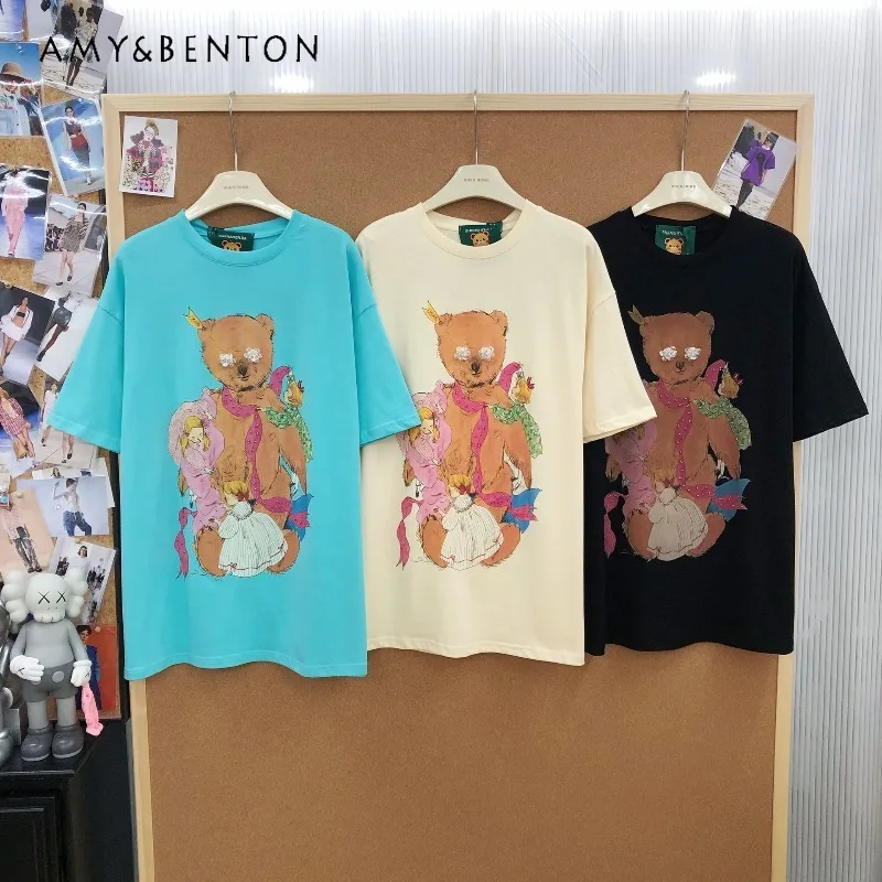 

Футболка в корейском стиле с ручной вышивкой бисером, цветочным и мультяшным принтом, Y2K, повседневная, с коротким рукавом, пуловер